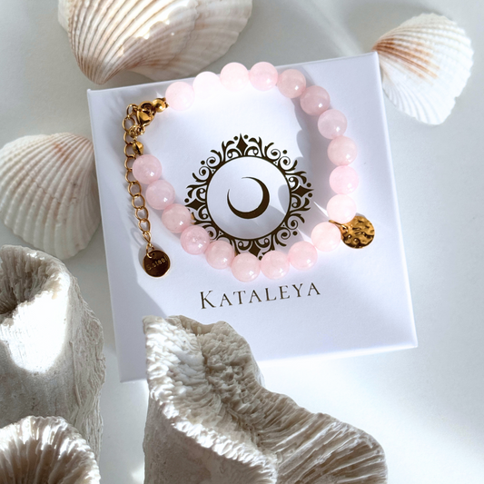 Pink beaded bracelet with golden disk, handmade by Kataleya Jewellery