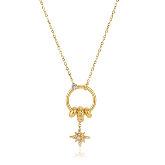 Star Necklace featuring a gold chain with an open ring, gold beads, and an eight-pointed star pendant.