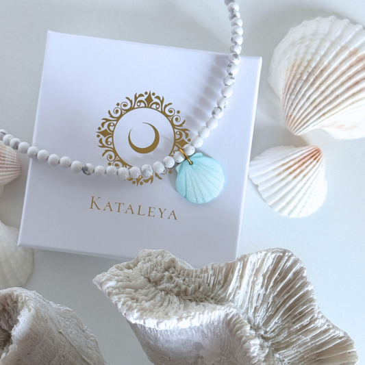 White beaded, howlite, blue seashell charm necklace by Kataleya Jewellery