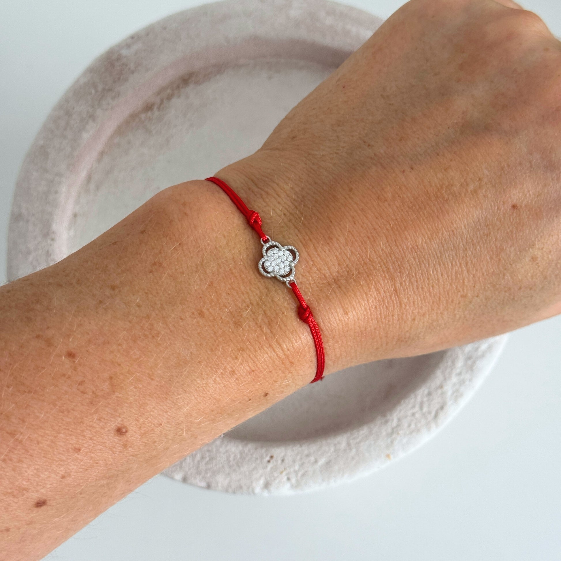 Silver Clover Red String Bracelet by Kataleya Jewellery