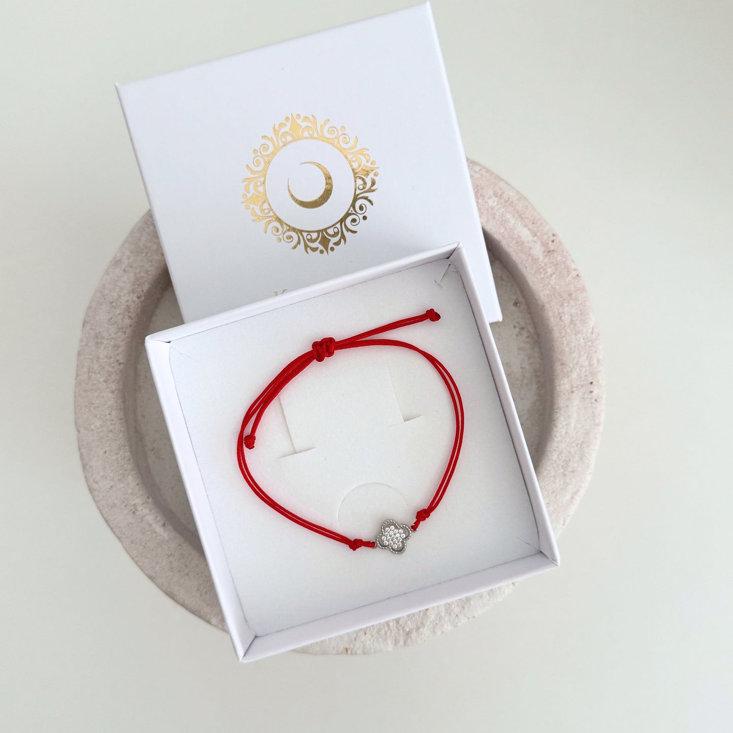  Silver Clover Red String Bracelet by Kataleya Jewellery