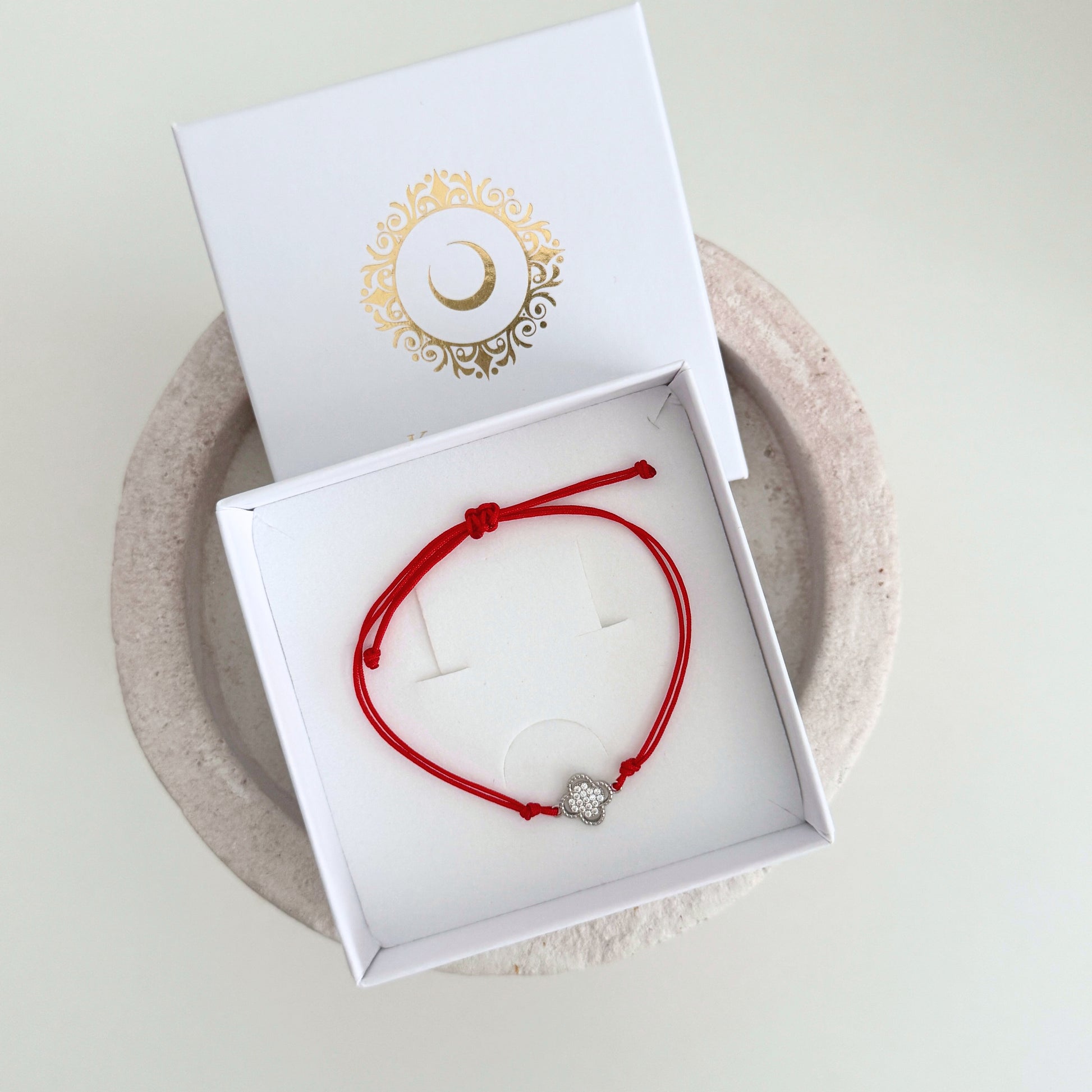  Silver Clover Red String Bracelet by Kataleya Jewellery