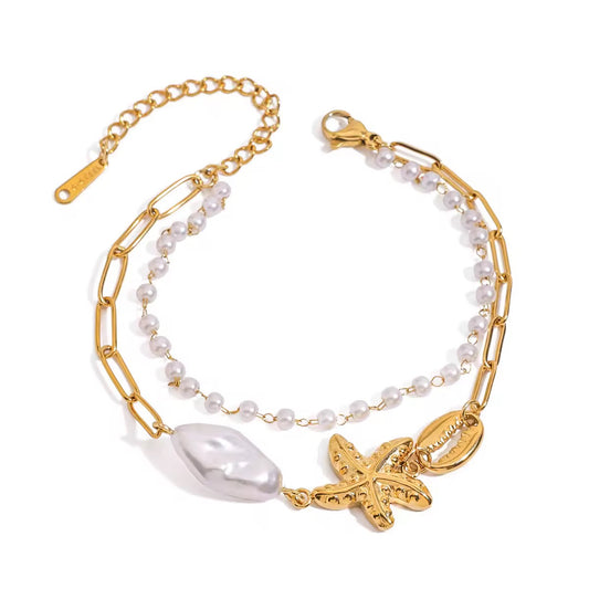 Gold Starfish Pearl Charm Layered Bracelet  by Kataleya