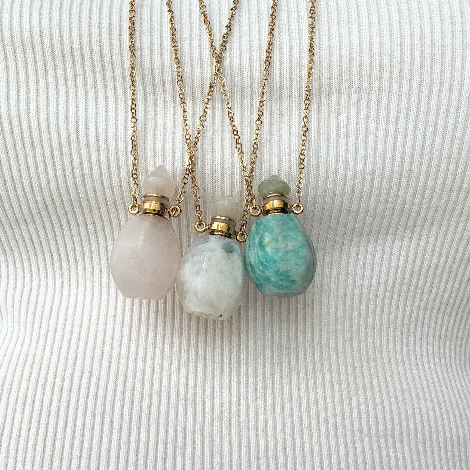 Tide Essence Parfum, Potion Bottle , Amazonite, Rose Quartz, White Crystal Cluster  Necklace by  Kataleya Jewellery