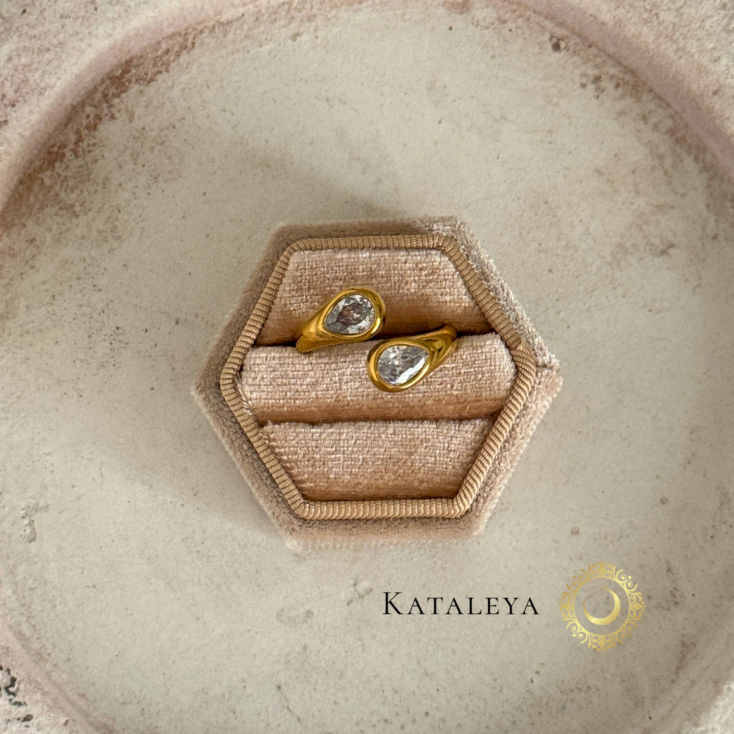 Twin Sparkle Wrap Ring featuring two teardrop zircon stones in 18ct gold plated setting, waterproof and tarnish-free.