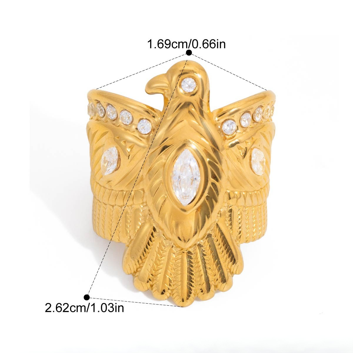 Nekhbet eagle statement ring design showcasing intricate details and dimensions, crafted from waterproof PVD stainless steel.