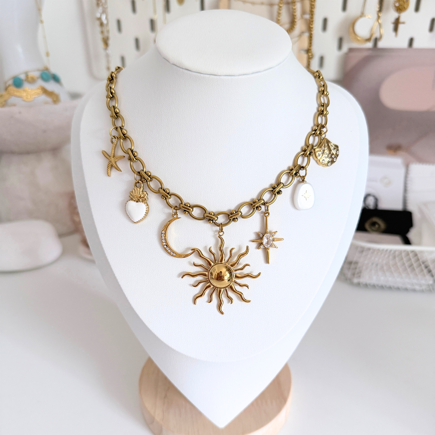 Selene Charm Necklace | Gold Celestial Statement Necklace