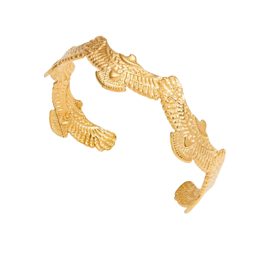 Spirit Eagle Cuff Bracelet featuring an eagle motif, waterproof and tarnish-free, perfect for daily wear.