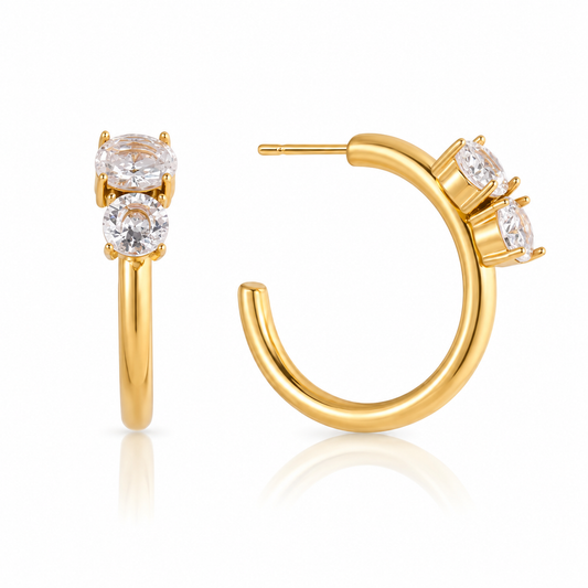 Gold plated stainless steel Crystal Hoops featuring round and oval crystals, perfect for any occasion.