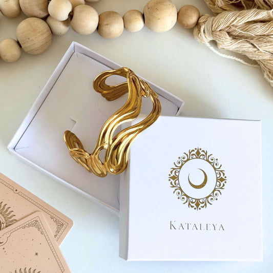 Yemaya Gold Wave Cuff Bangle by Kataleya Jewellery