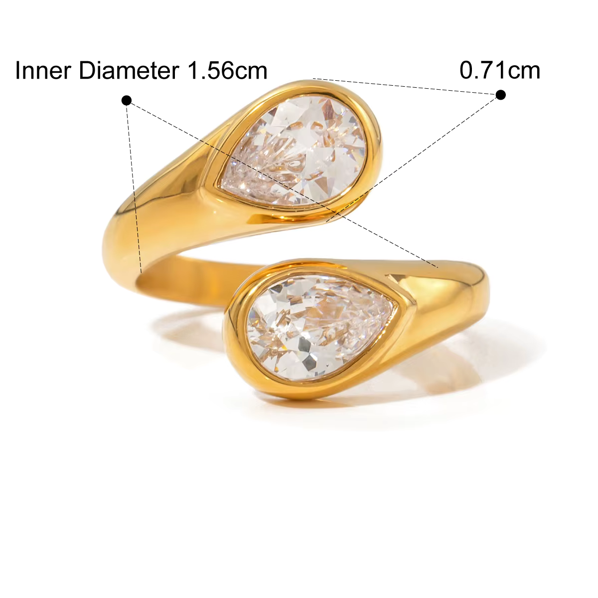 Twin Sparkle Wrap Ring with teardrop zircon stones, 18ct gold plated, waterproof, tarnish-free, and hypoallergenic.