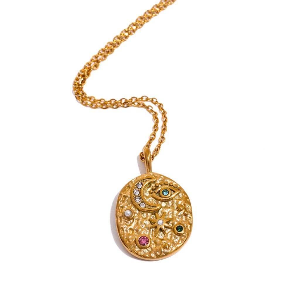 AlUla Gold Hammered Pendant, embellished with motifs of the moon, eye, star, and colorful stones - Necklace by Kataleya.