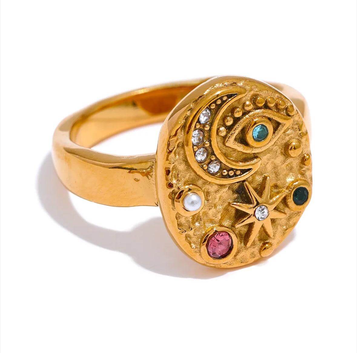 AlUla Gold Hammered Ring adorned with a moon, eye, star, and colorful stones by Kataleya.