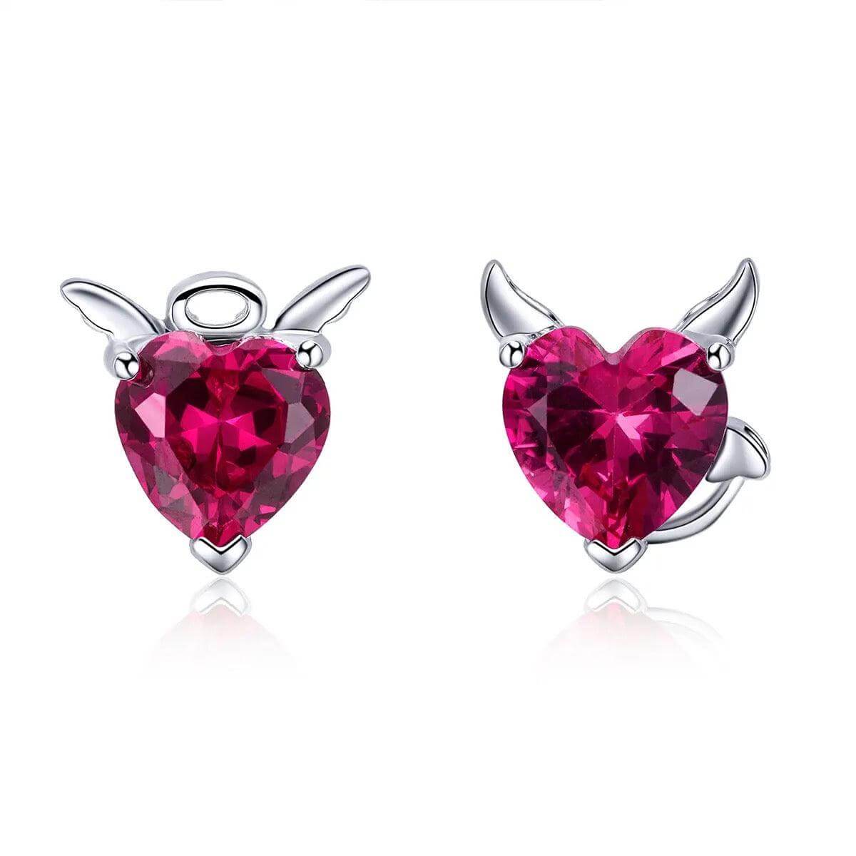 Angel & Devil Red Zircon Heart -Silver Stud Earrings - Kataleya