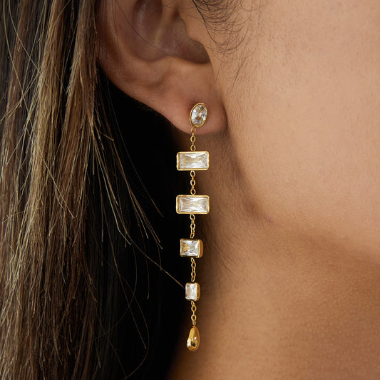 Gold Baguette Drop Earrings featuring baguette-cut stones in a sleek drop design for modern elegance.