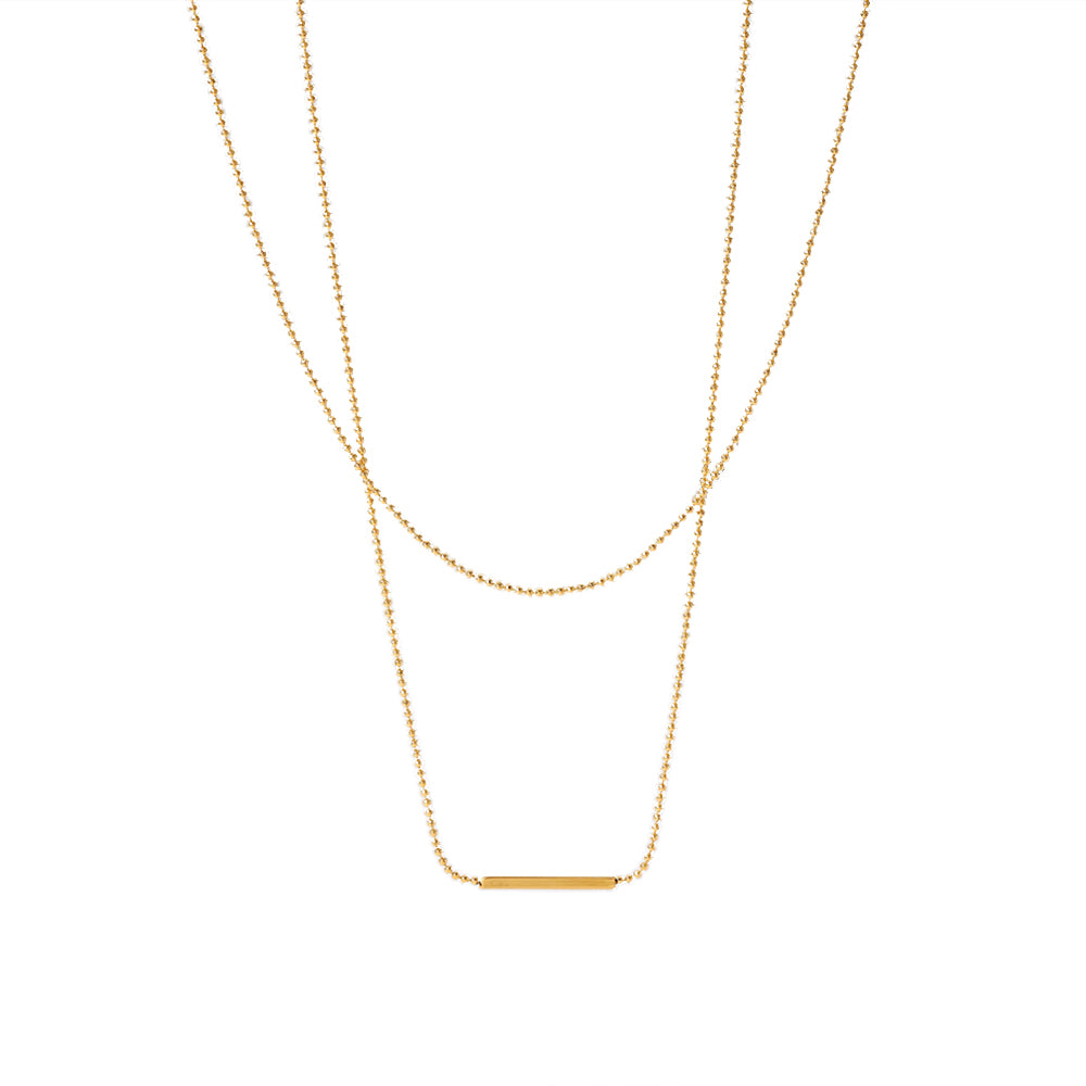 Layered Bar Necklace with two delicate gold-plated chains and sleek horizontal bar pendant.