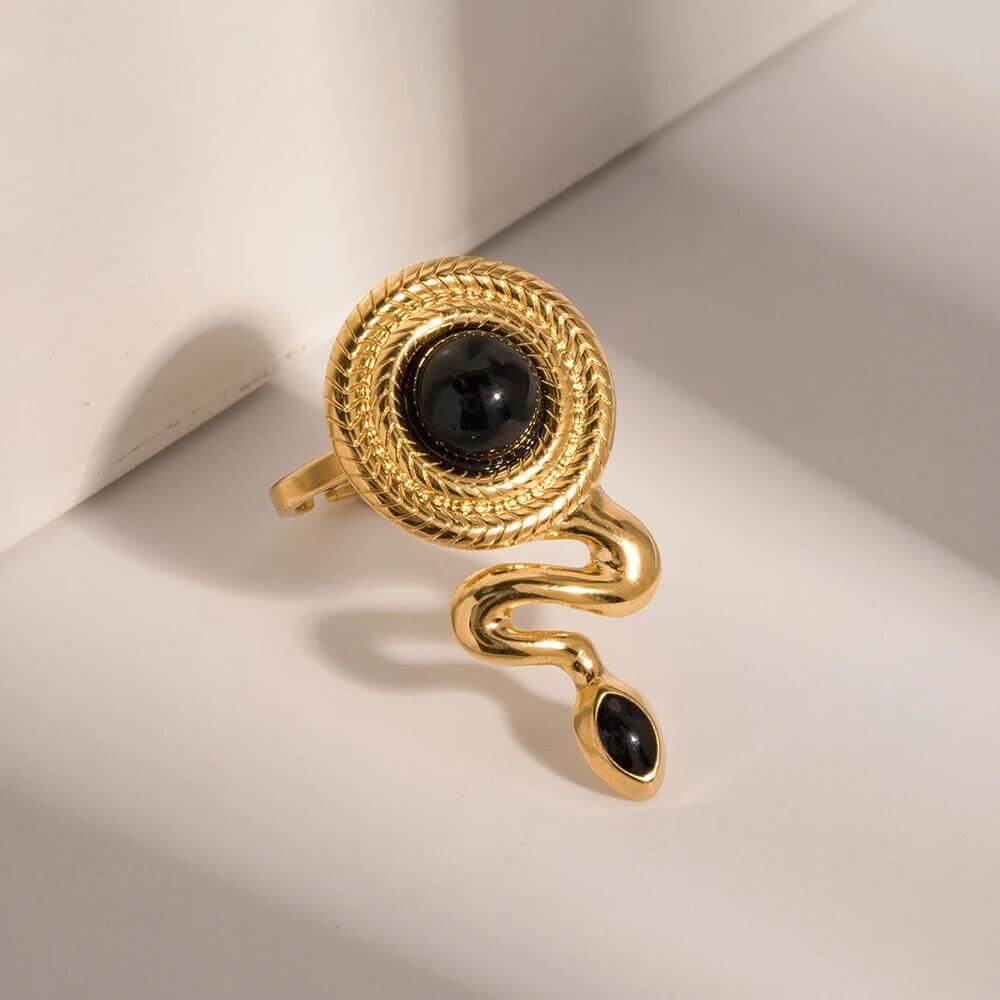 Black Agate Snake Ring In Gold - Kataleya