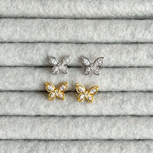 Gold And Silver Butterfly Zirconia Stud Earrings - Kataleya