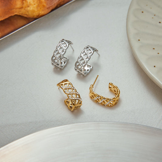 Crystal Lattice Earrings in silver and gold with zirconia crystals, showcasing intricate lattice design and modern elegance.