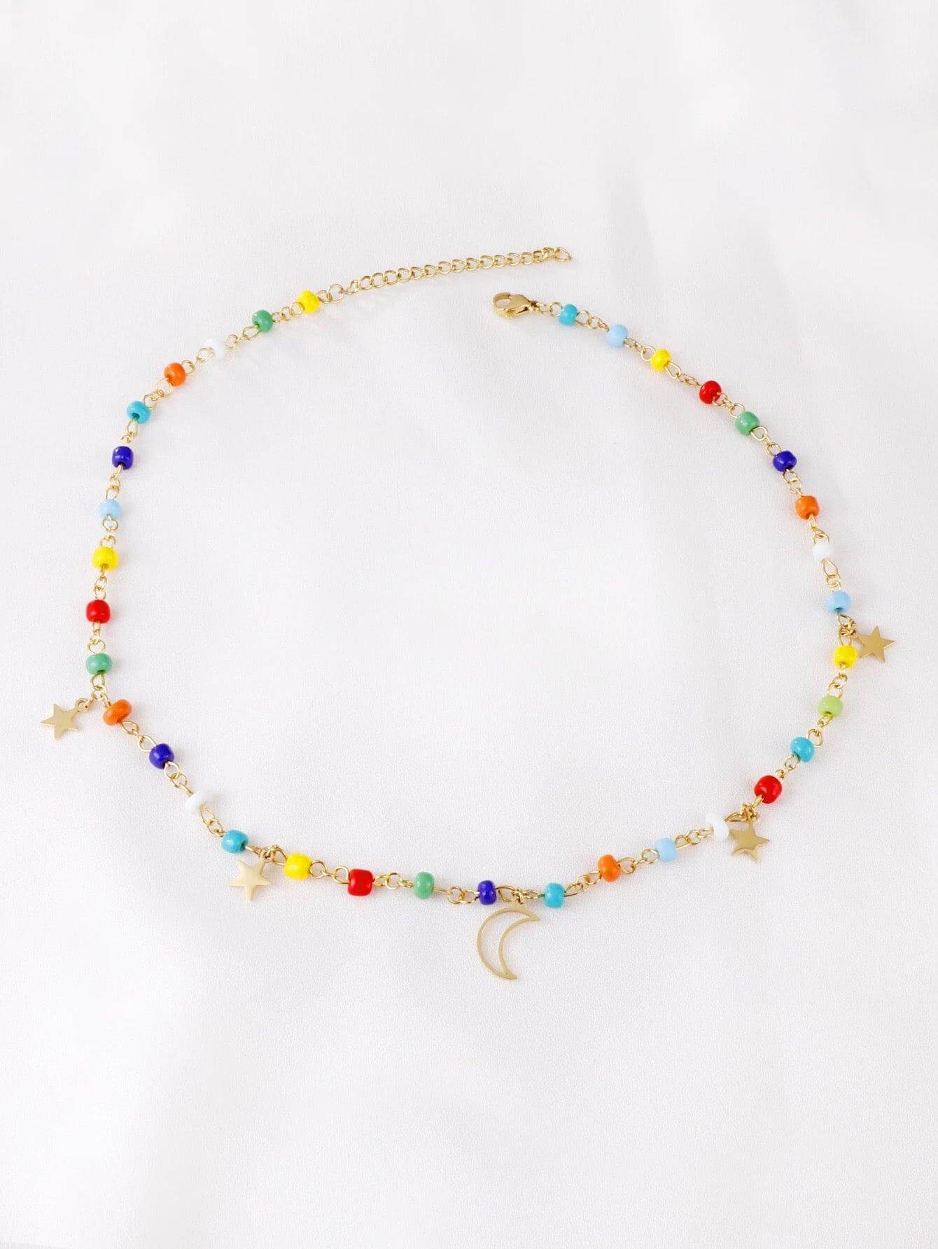 Colourful Beaded Moon and Star Necklace - Kataleya