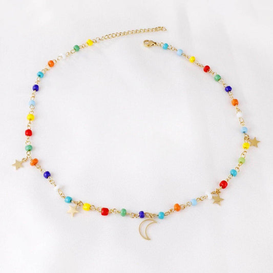 Colourful Beaded Moon and Star Necklace - Kataleya
