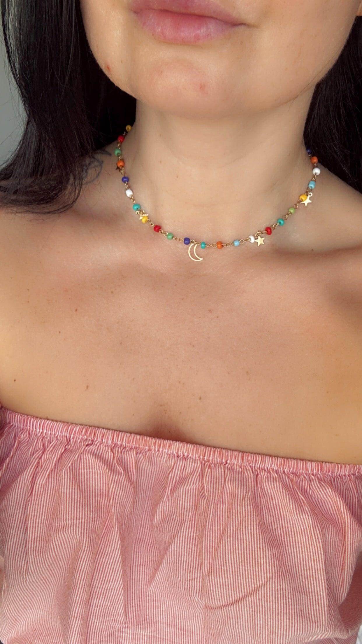 Colourful Beaded Moon and Star Necklace - Kataleya