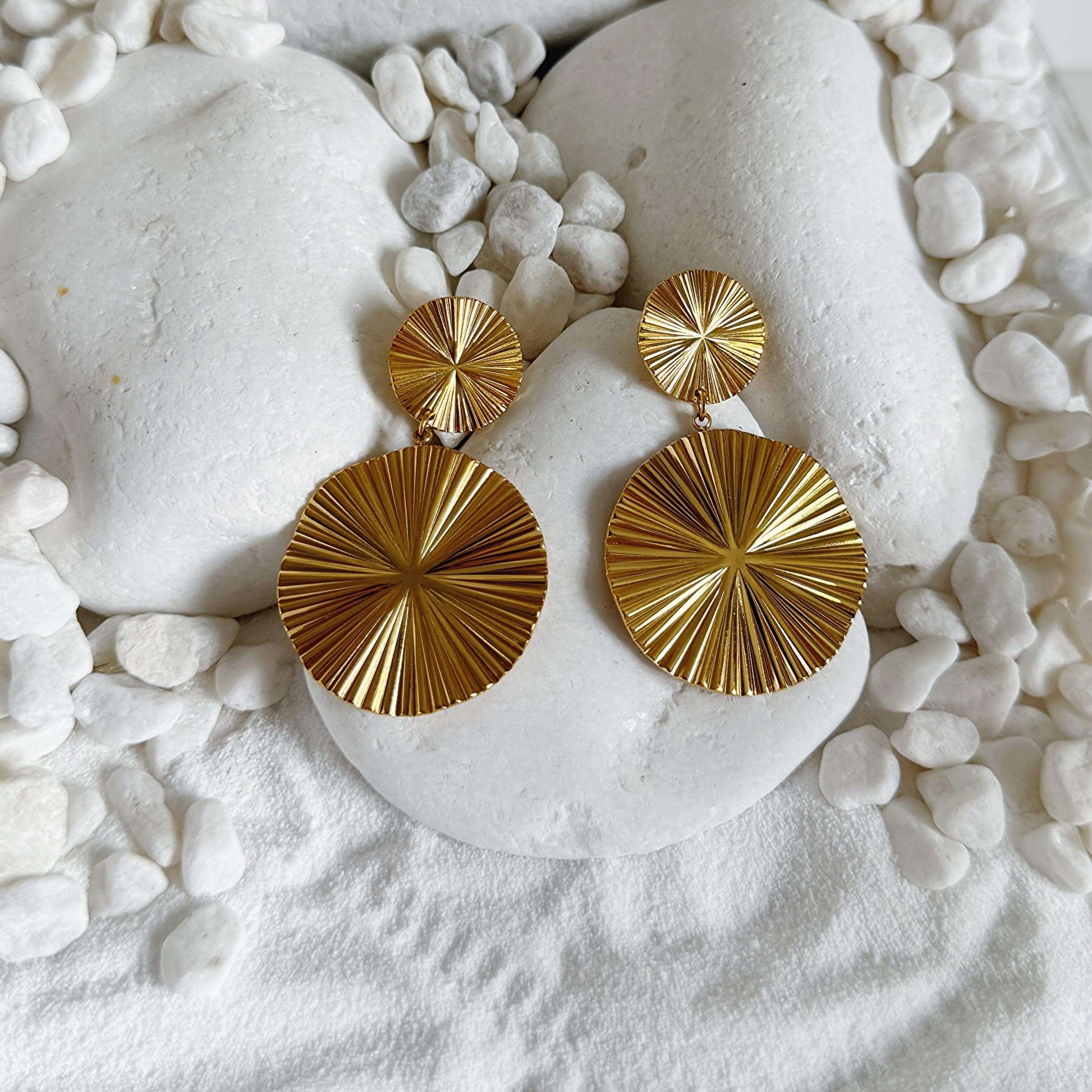 Double Disk Gold Drop Earrings by Kataleya