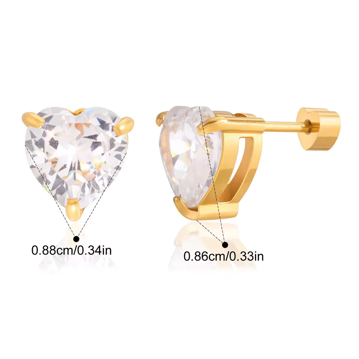 Heart stud earrings with cubic zirconia showcasing a sparkling crystal in a gold setting, dimensions 0.88cm and 0.86cm.