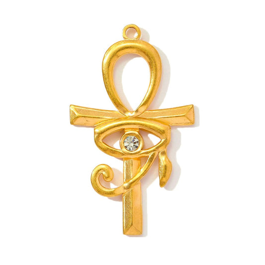 Egyptian Ankh Charm with eye design, gold-plated stainless steel, waterproof and tarnish-free jewelry accessory.