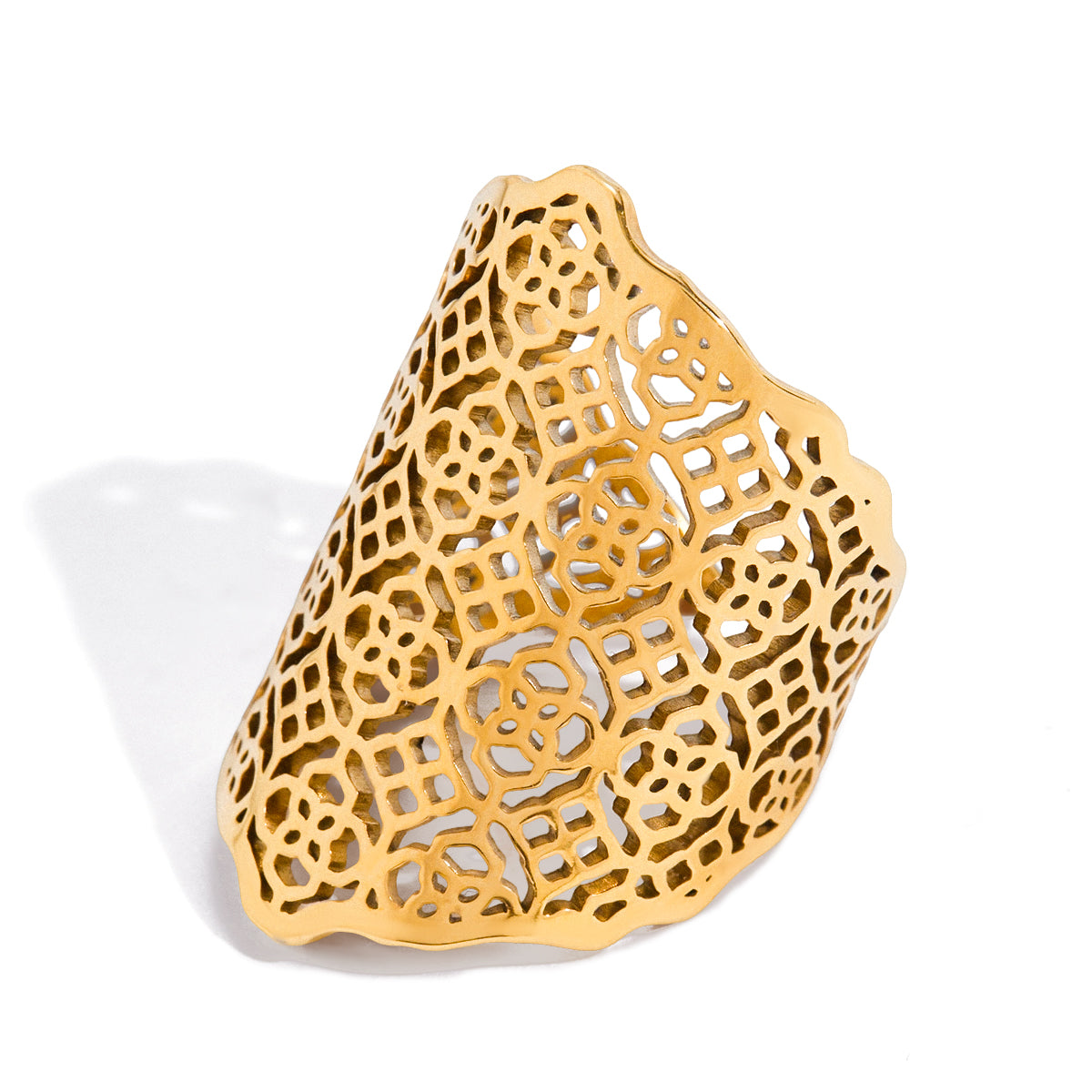 Statement Filigree Ring showcasing intricate filigree design, made of waterproof 18ct gold plated stainless steel.
