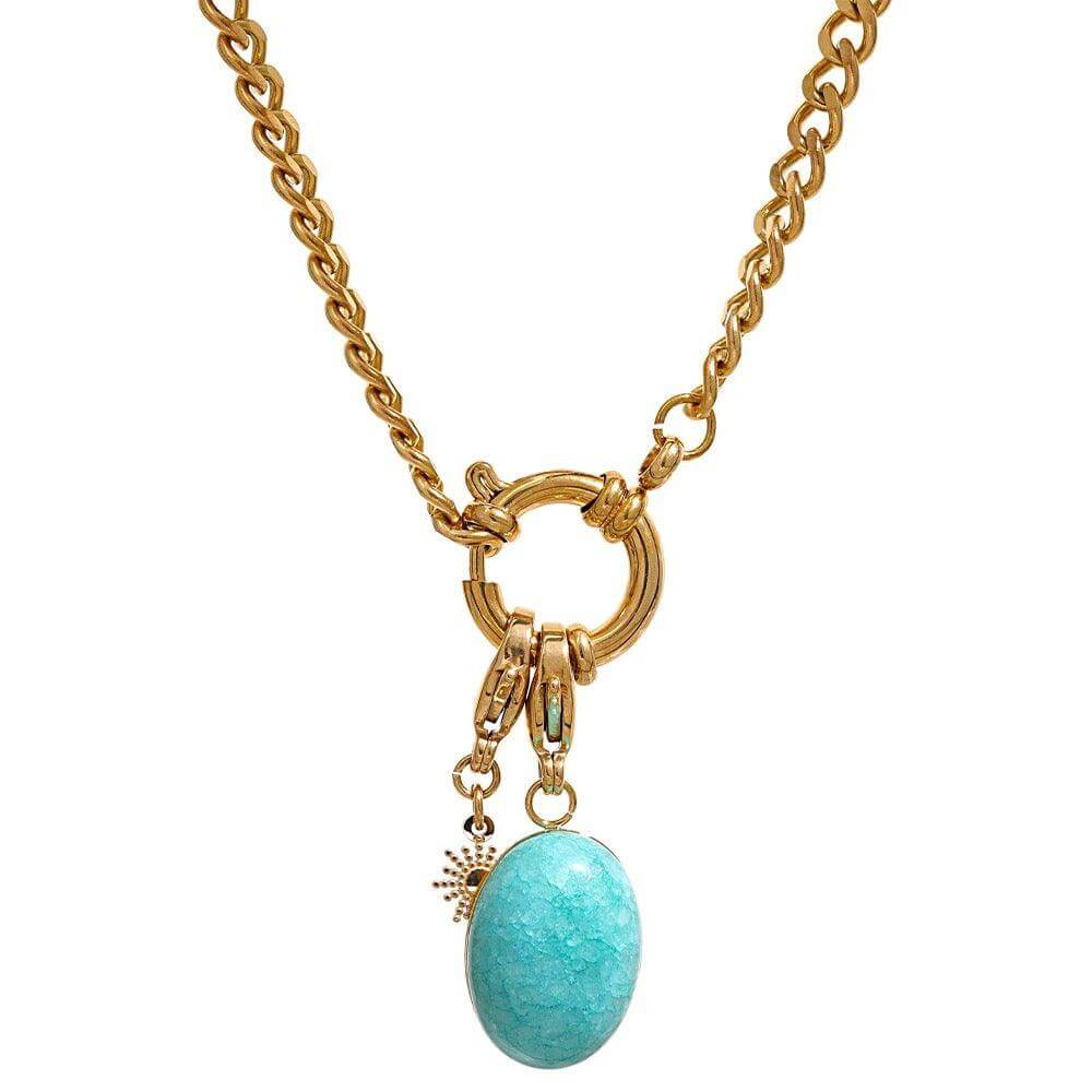 Havasu: Blue-Green Oval Pendant with Sun Charm on a Carabiner Chain Necklace - Kataleya