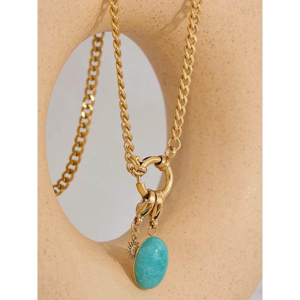 Havasu: Blue-Green Oval Pendant with Sun Charm on a Carabiner Chain Necklace - Kataleya