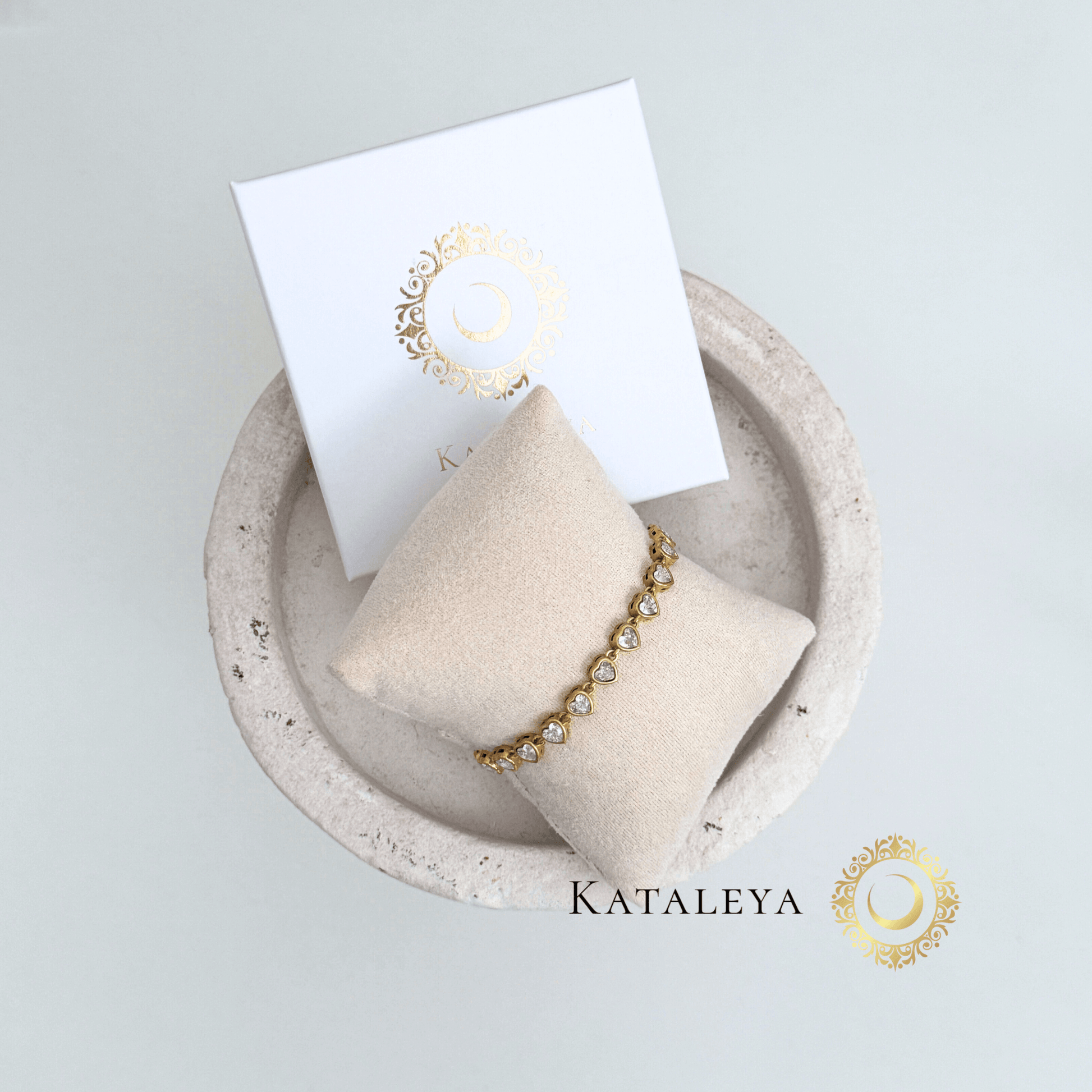 Heart Tennis Bracelet displayed on a soft cushion with a premium packaging for elegance and style.