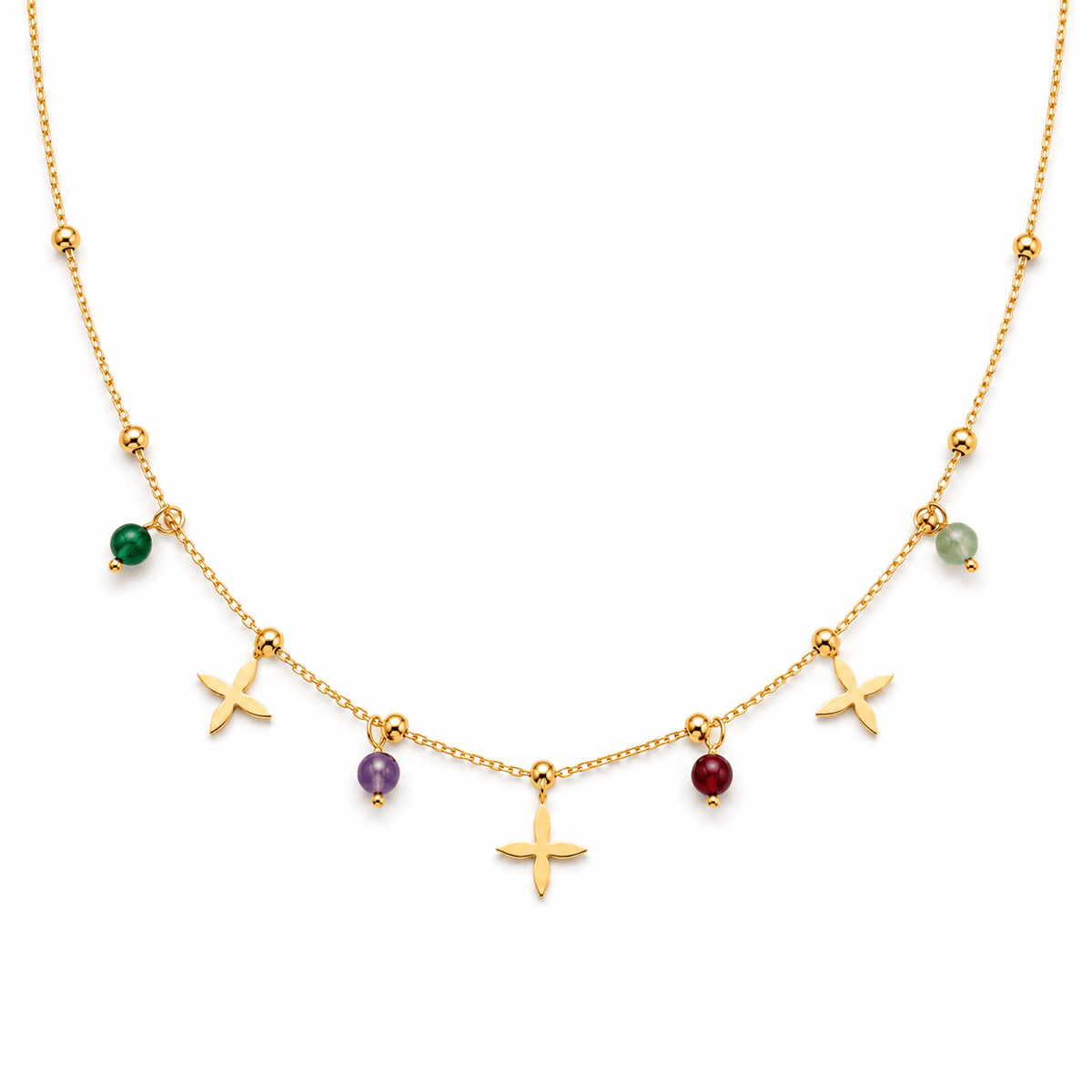 Huacachina Necklace - Colourful Beaded Necklace with gold, turquoise, green, purple, and coral beads.