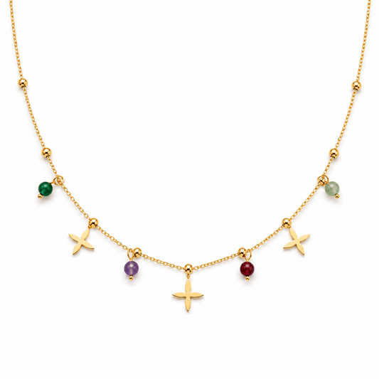 Huacachina Necklace - Colourful Beaded Necklace with gold, turquoise, green, purple, and coral beads.