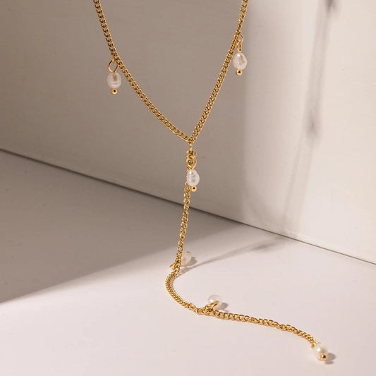 Y- Shape Gold Pearl Lariat  Necklace - Kataleya