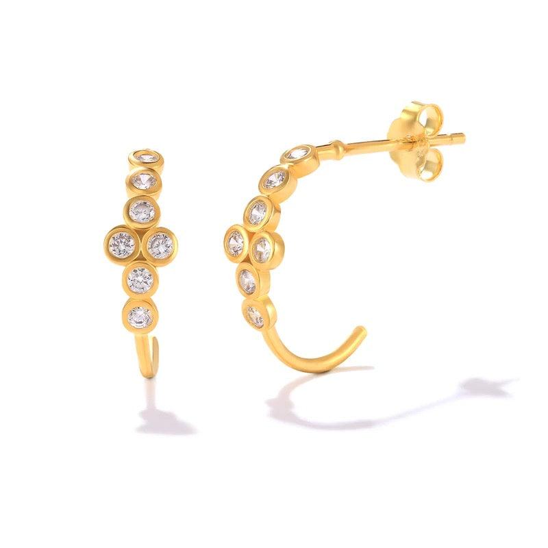 Half Round Gold Zirconia Stud Earrings bt Kataleya