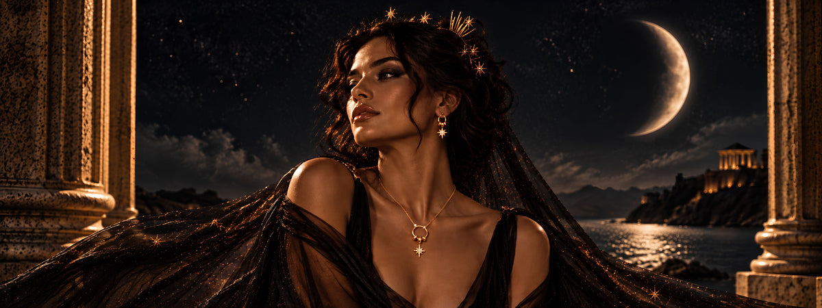 Nyx collection by Kataleya — gold star jewellery under a crescent moon