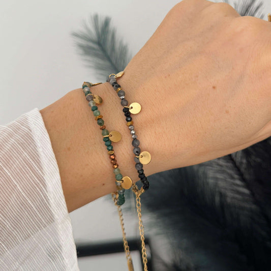 Oasis Bracelet - Black and Green Beads with Gold Disks - Kataleya