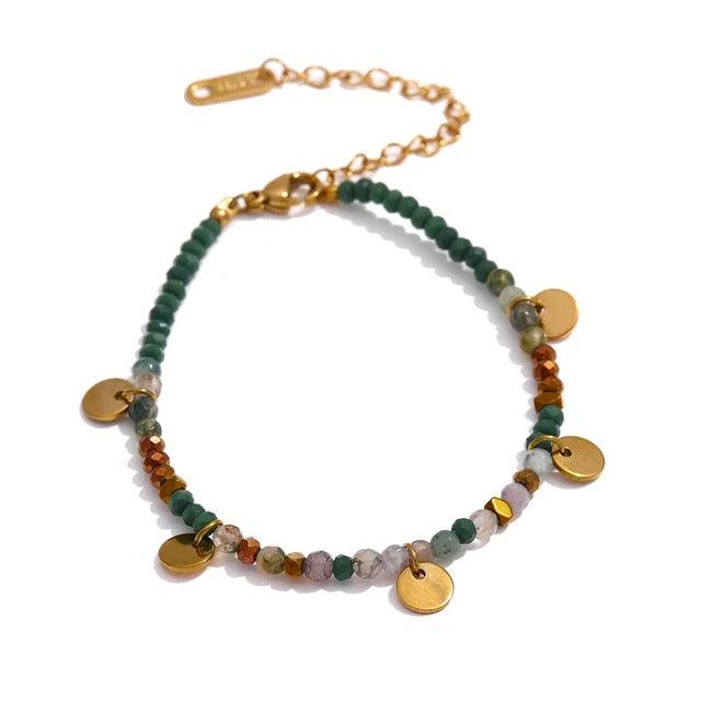 Oasis Bracelet - Green Beads with Gold Disks - Kataleya