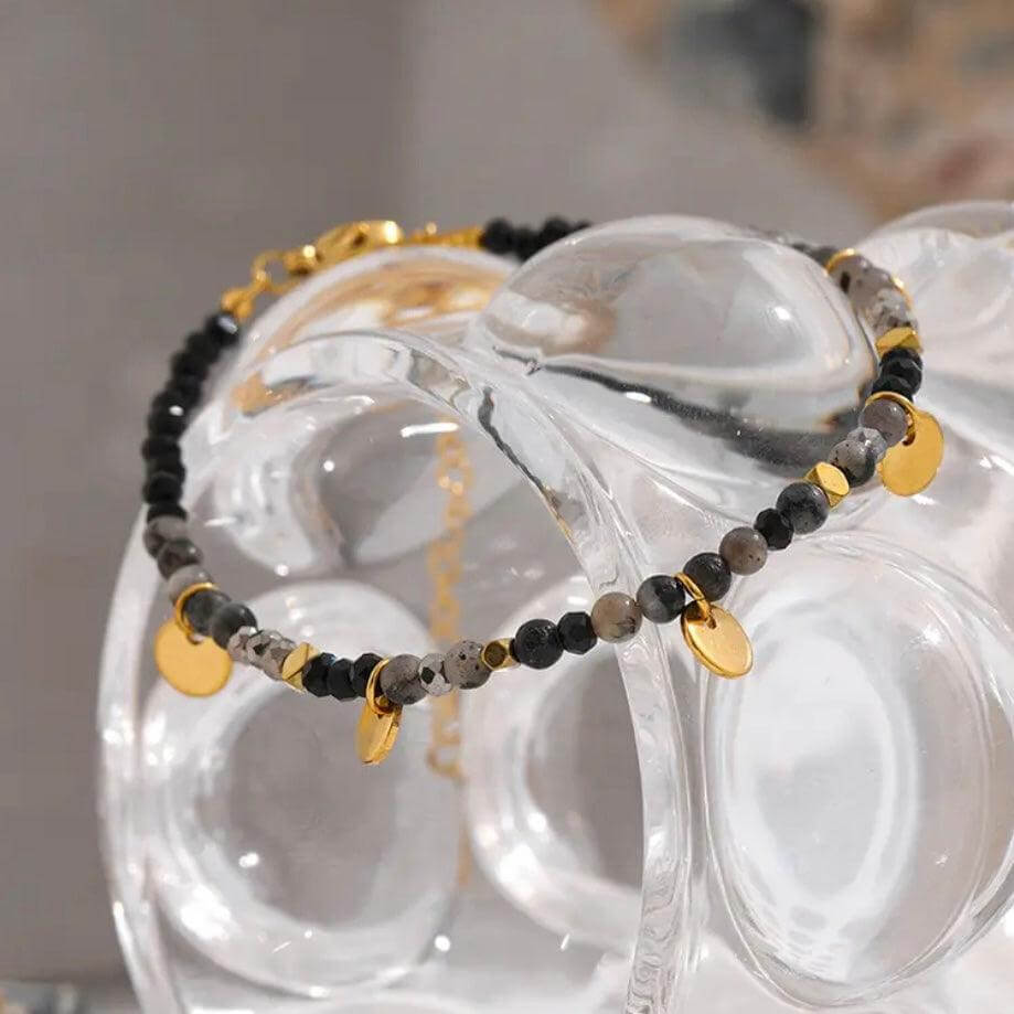 Oasis Bracelet - Black Beads with Gold Disks - Kataleya