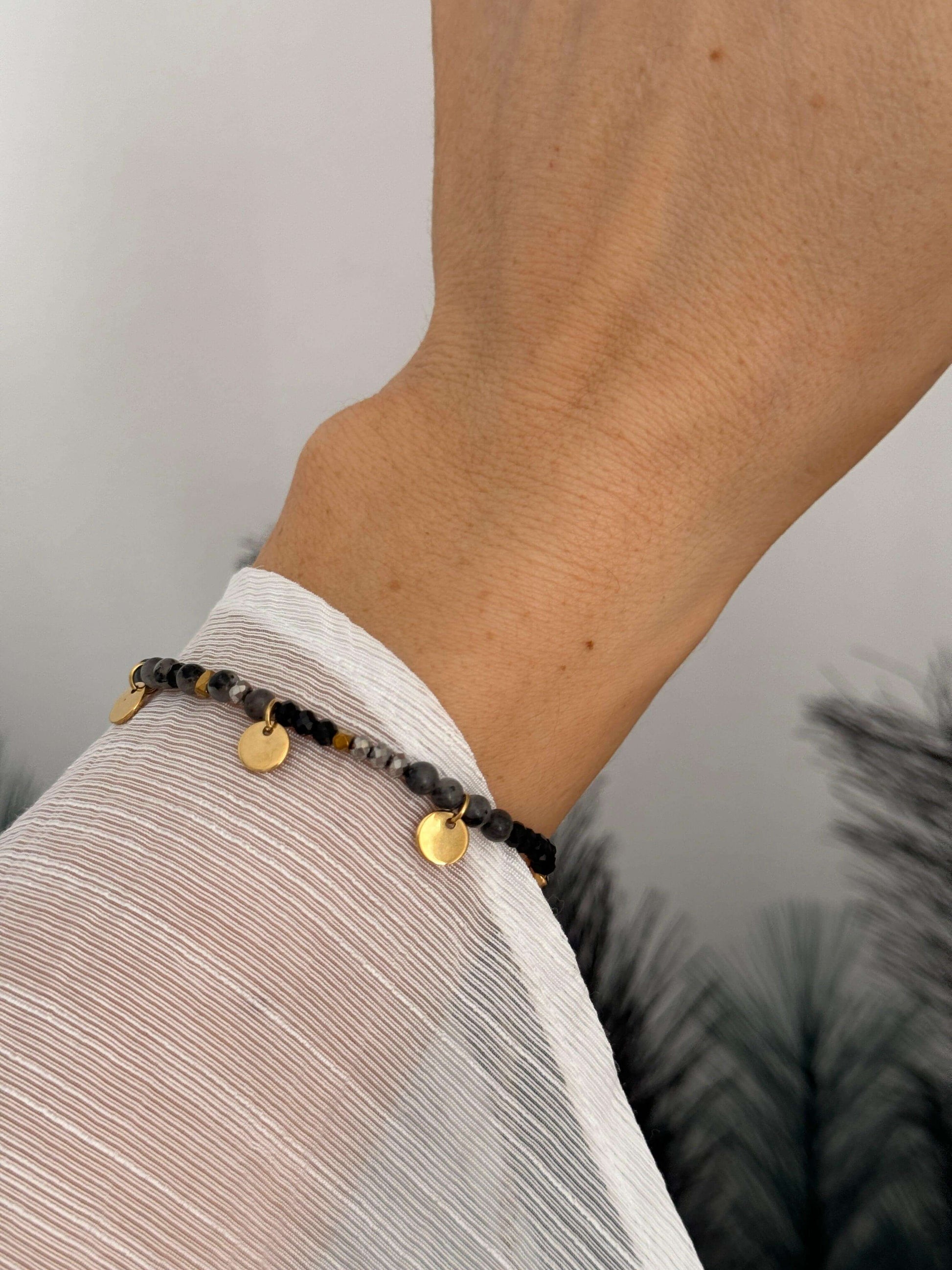 Oasis Bracelet - Black Beads with Gold Disks - Kataleya