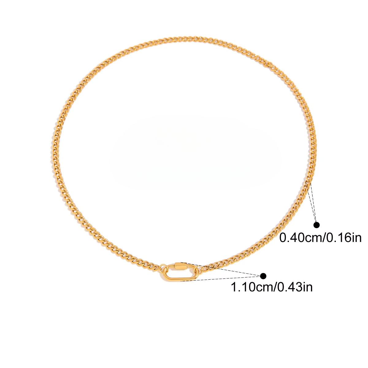 Oval Carabiner Charm Necklace with gold-plated stainless steel chain and dimension details.