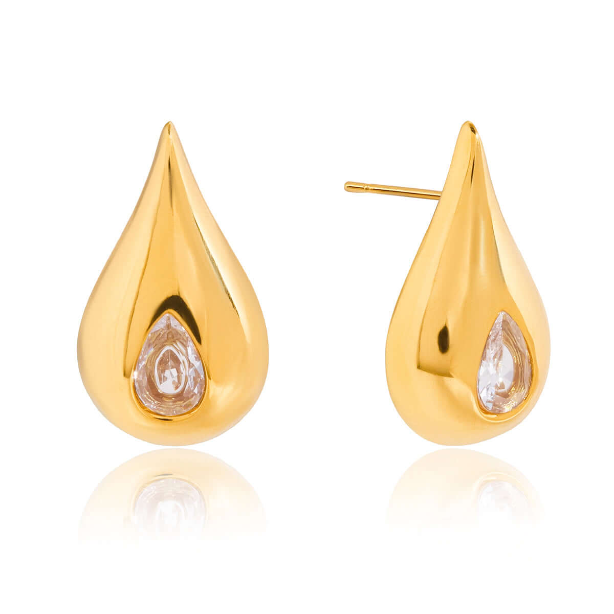 Classic Pear Cut CZ Stud Earrings in gold with pear-shaped stones, perfect for elegant styling.
