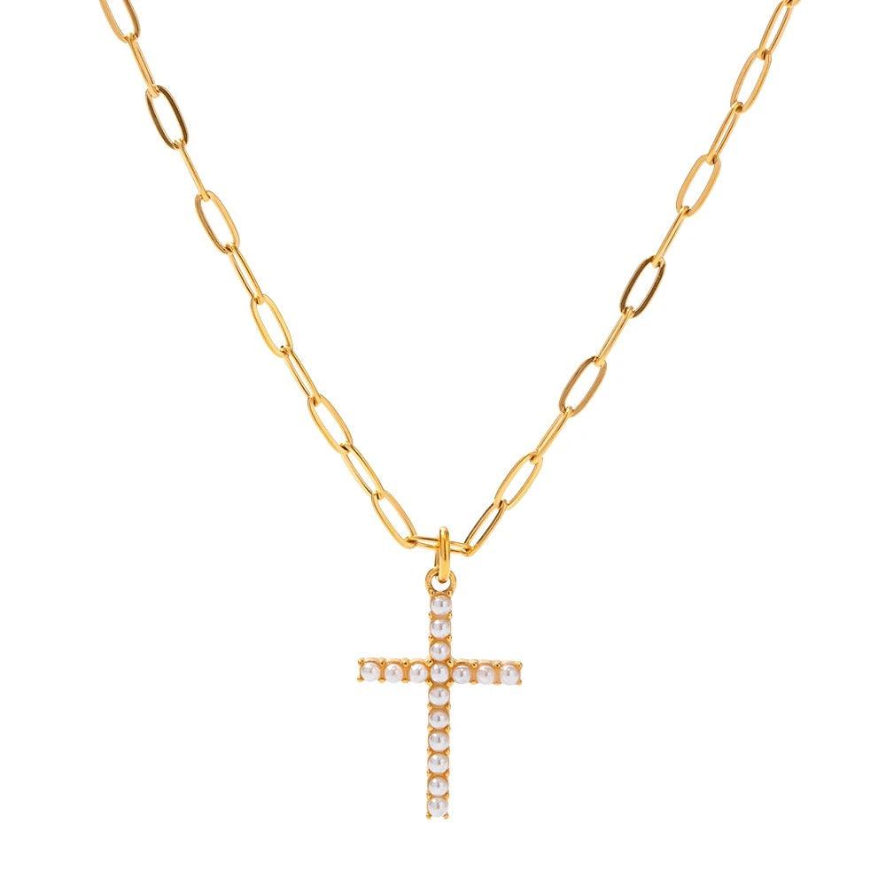 Pearl Cross Pendant Necklace - Kataleya