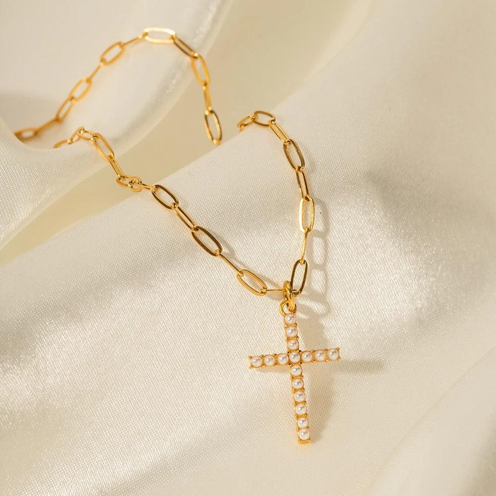 Pearl Cross Pendant Necklace - Kataleya