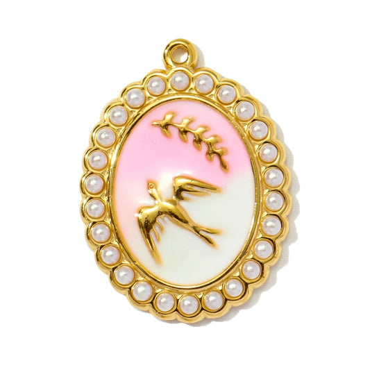 Pink Bird Pearl Charm featuring a gold frame and pearl detailing, waterproof and tarnish free for stylish wear.