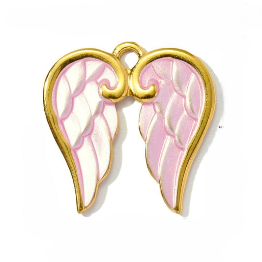 Pink angel wing charm with gold border on a white background - Kataleya Jewellery