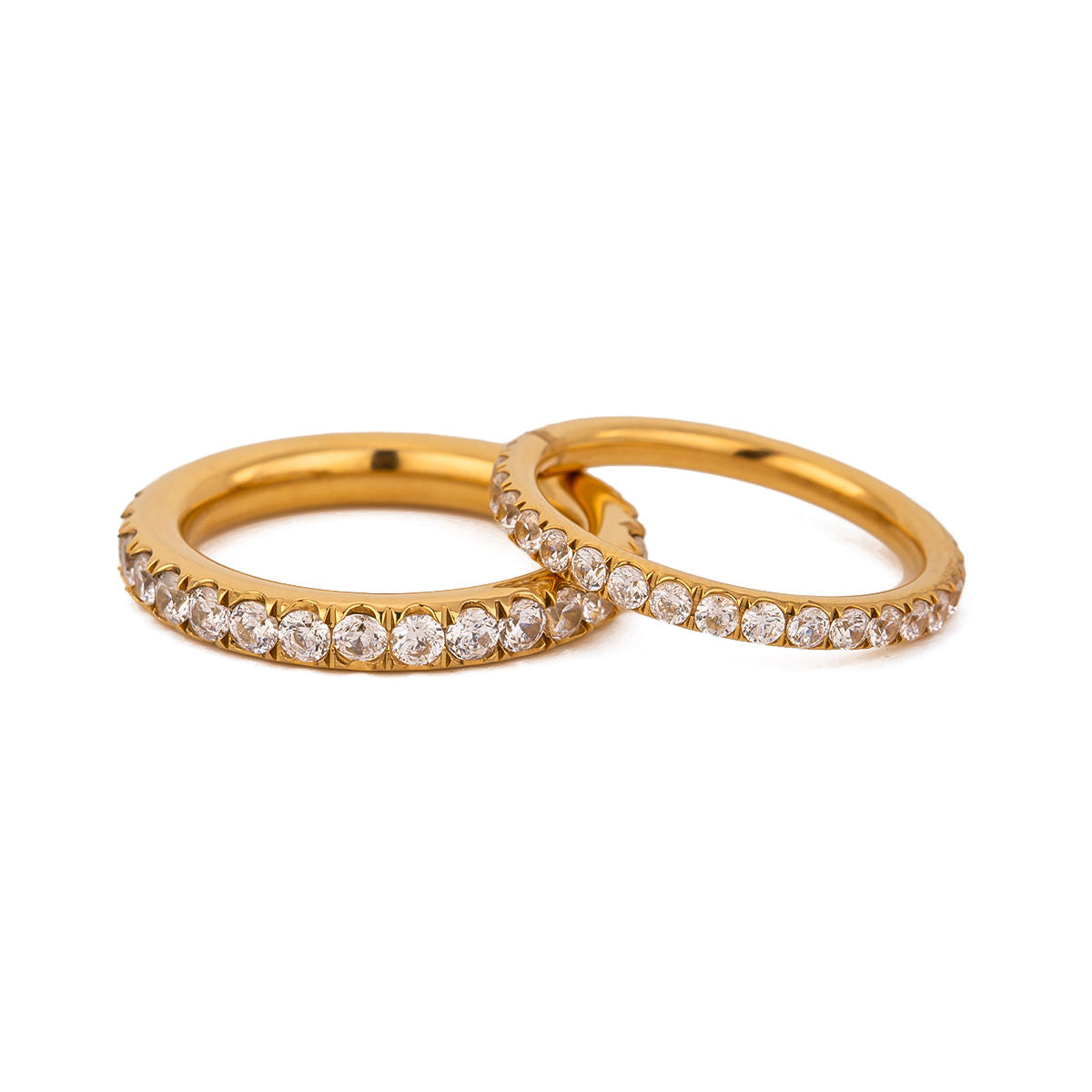 Scarlett Eternity Ring featuring two golden rings with round stones set around for maximum shine.