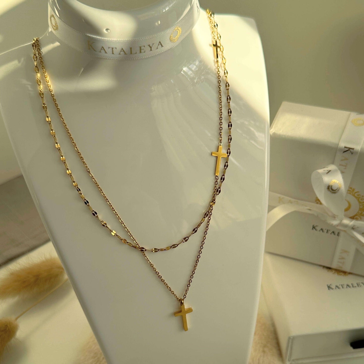 Three Crosses Gold Layered Necklace - Kataleya